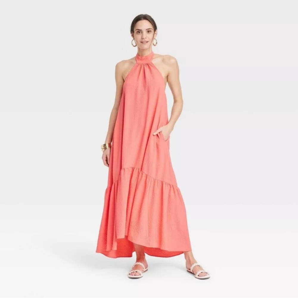 NWT Women's Halter Hi-Lo Midi Dress - A New Day Coral